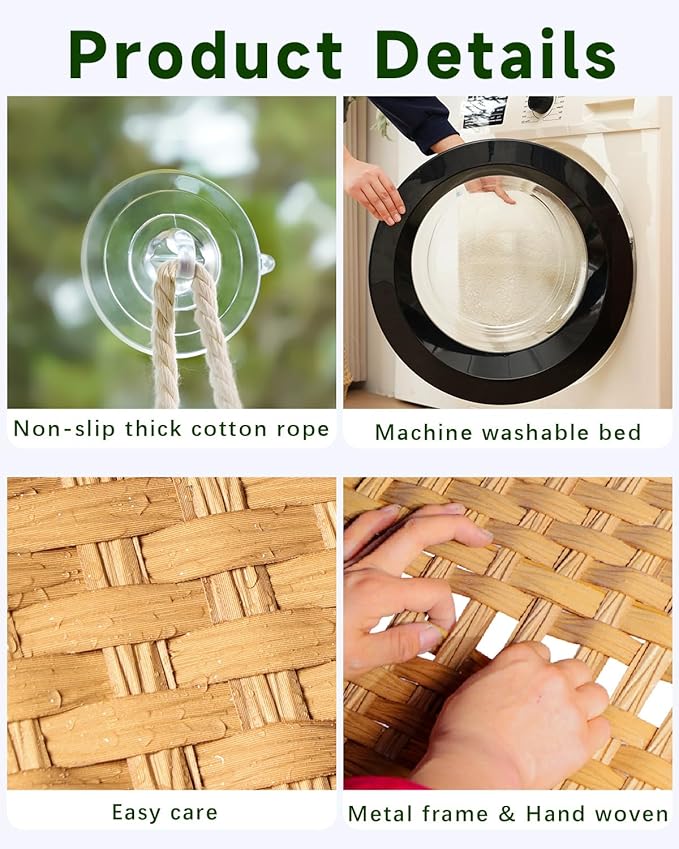 Cat Window Perch 2 Pack,Cat Window Hammock Bed for Indoor Cats,Large Handwoven PE Rattan Window Seat,4 Suction Cups,Double Sided Washable Cushion Bed,2.3 Inch Fence Shelf, Pet Kittens Natural
