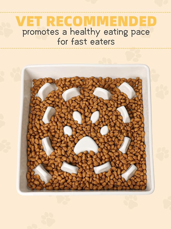 GDCZ Dog Slow Feeder Bowls, Square Ceramic Pet Food Bowl for Medium Breed, Fun Dog Bowls to Slow Down Eating (White, M-1.8 Cups)