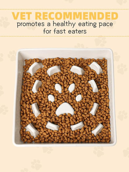 GDCZ Dog Slow Feeder Bowls, Square Ceramic Pet Food Bowl for Medium Breed, Fun Dog Bowls to Slow Down Eating (White, M-1.8 Cups)