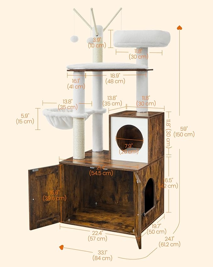 Feandrea Cat Tree with Litter Box Enclosure, 59-Inch Modern Cat Tower, 2-in-1 Condo with Scratching Posts, Washable Removable Cushion, Rustic Brown UPCT113X01