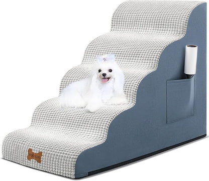 POCBLUE Dog Stairs for Small Dogs 22.4" H, 5-Step Wide Pet Step for High Bed or Couch, Curved Pet Ramps for Cats with High-Density Foam and Washable Cover, Grey