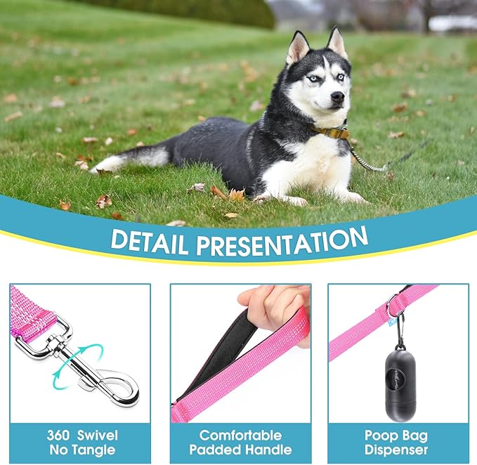 BAAPET Two Handle Dog Leash, Dual Soft Padded Handles with Traffic Control Handle Leash for Small Medium or Large Dogs (3/4'' x 5 FT, Pink)