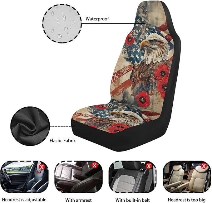 250th Anniversary Car Seat Covers 2 Pcs Waterproof Front Seat Covers Vintage Eagle Flag Bucket Seat Cover Car Interior Accessories for Women Men