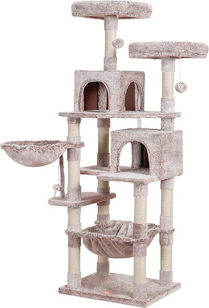 Heybly Cat Tree, 70 inches Tall Cat Tower Condo with Toy for Indoor Large Cats, Cat House Furniture with Padded Plush Perch, Cozy Hammock and Sisal Scratching Posts, Muchroom HCT032MU