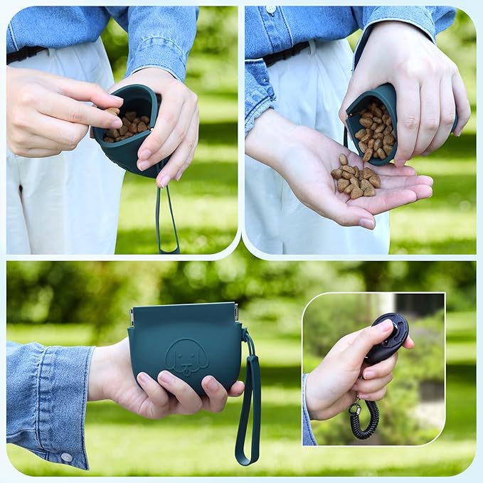 WALLFID Silicone Dog Treat Pouch, Auto Closure, with Pet Training Clicker, Walking Bag for Dog and Cat, Pocket Size, Easy to Clean, Odorless, Travel Walking Bag (Dark Green)