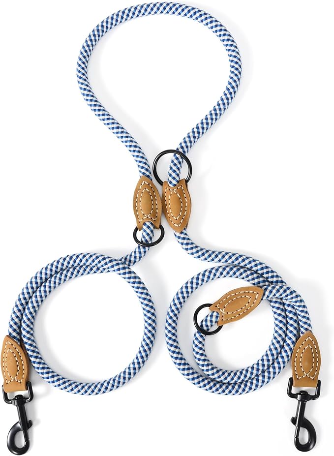 Mile High Life Dual Dog Leash - Double, Hands Free with Leather Connection - 360 Swivel, No Tangle - Blue Gray, 8FT