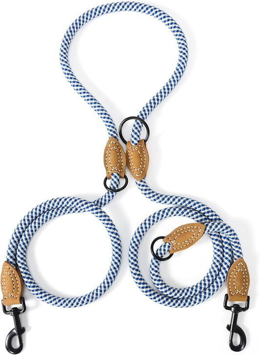 Mile High Life Dual Dog Leash - Double, Hands Free with Leather Connection - 360 Swivel, No Tangle - Blue Gray, 8FT