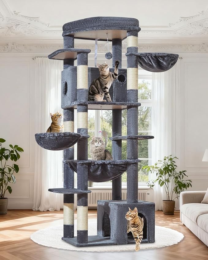 Taoqimiao 72 Inch Cat Tree, XXL Cat Tower for Indoor Cats Large Adult 25Lbs+, Extra-Large Platform, 2 Cat Houses, 7 Scratching Post, Extra-Sized Durable Hammock, Cozy Basket, Smoky Gray, F20G