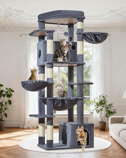 Taoqimiao 72 Inch Cat Tree, XXL Cat Tower for Indoor Cats Large Adult 25Lbs+, Extra-Large Platform, 2 Cat Houses, 7 Scratching Post, Extra-Sized Durable Hammock, Cozy Basket, Smoky Gray, F20G