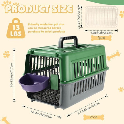 2 Set Travel Pet Carriers for Small Cat Dog Plastic Hard Shell Carrier Cat with Bowl Wire Door Grille Mat Portable Breathable Security Lock Puppy Kennel for Travel Airline, 17.5", up to 13lbs(Green)