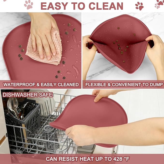 Small Silicone Pet Food Mat with Raised Edge for Food and Water Bowl, Square Dog Feeding Mats, Cat Food Trays for Floor Waterproof, Rubber Tray for Dogs and Cats, 12 x 12 x 0.7 Erythrinus