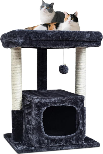 SYANDLVY 27IN Cat Tree for Indoor Cats Large Adult, Modern Activity Tower with Scratching Posts, Condo with Plush Perch, Climbing Stand with Spring Ball for Play, Smoky