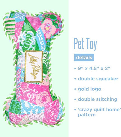 Lilly Pulitzer Dog Chew Toy, Bone Shaped Soft Plush with Fiber Fill, Double-Stitched Durability, Two-Way Squeaker, Embroidered Logo (Crazy Quilt Home)