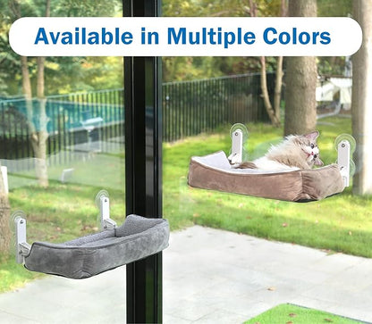Zakkart Foldable Cat Hammock for Window with Bolster - Cordless, Three-Side Bolstered Machine Washable Fluffy Bed, Robust Metal Frame - Cat Window Perch for Large Cats and Kittens - Brown/White