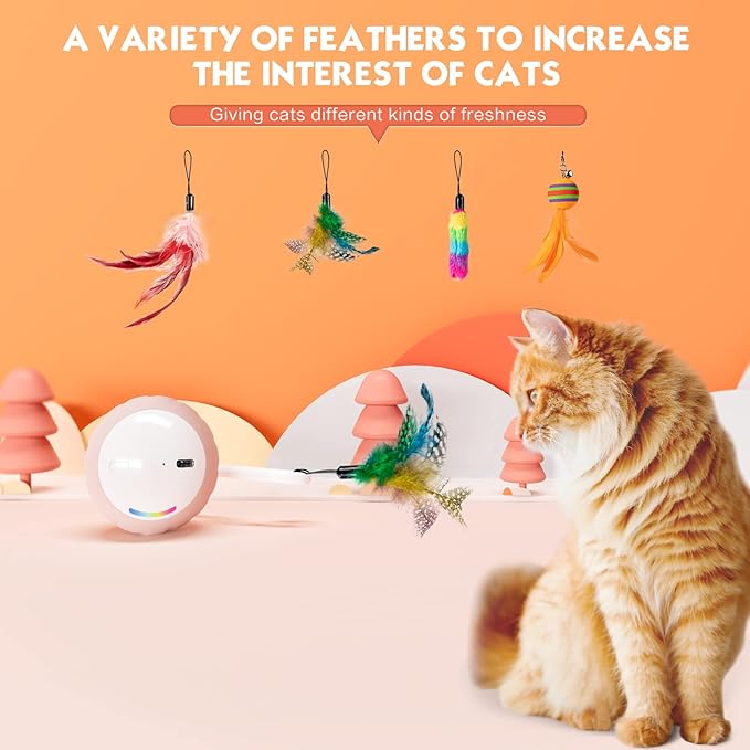 Interactive Cat Toys Ball - Electric Automatic Toys for Indoor cats, LED Lights and Toys Feather Tail with Sound Activated and Touch, USB Rechargeable, 2peeds Mode for Bored Kittens/Adult Cats/Ferret