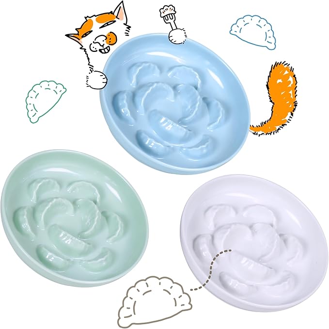 Slow Feeder Bowl for Cats and Small Dogs - Set of 3 Melamine Puzzle Cat Plates for Wet & Dry Food- Whisker Friendly & Dishwasher Safe & Non Slip Design (Blue + Green +White *3, 6.3''W)