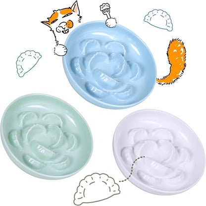 Slow Feeder Bowl for Cats and Small Dogs - Set of 3 Melamine Puzzle Cat Plates for Wet & Dry Food- Whisker Friendly & Dishwasher Safe & Non Slip Design (Blue + Green +White *3, 6.3''W)