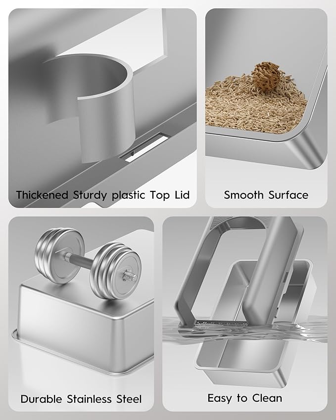 Stainless Steel Cat Litter Box, Extra Large High Sided Litter Boxs for Big Cats, XL Metal Litter Box with Lid, Non Stick, No Smell, Easy to Clean, Included Scoop