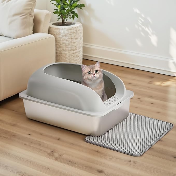 OLIXIS Stainless Steel Cat Litter Box with Lid, Large Cat Litter Box for Big Cats, High Wall Sides, Anti-Urine Leakage, Easy Cleaning, Scoop and Mat Included, Light Gray