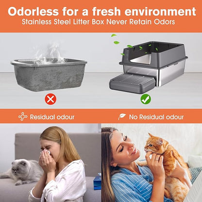 XXL Stainless Steel Litter Box with Lid, 28" Lx20 W Extra Large Cat Litter Boxes for Big Cats, Jumbo Metal Litter Box with Footboard & Scoop,Anti-Leakage,Non-Sticky,Odorless,Easy to Clean