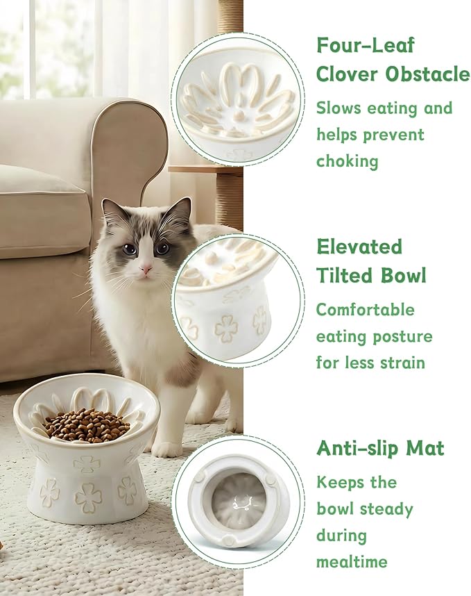 TRUVIC Ceramic Slow Feeder Cat Bowl, 15° Tilted Elevated Cat Slow Eating Bowl for Neck Protection, Anti Vomiting Dog Slow Feeder, Whisker Friendly & No Black Chin for Cats and Small Dogs, Jun Blanc