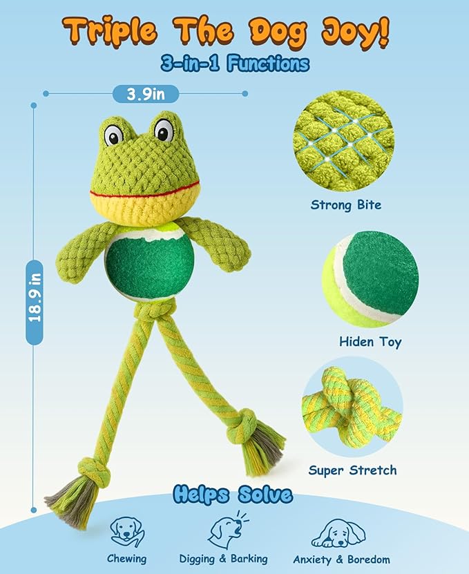 Swooflia Durable Squeaky Dog Toy - Interactive Plush Cute Frog with Rope Legs, Teeth Cleaning Tug Toy for Small Medium and Large Dogs, Puppy Chew Toy for Training and Play