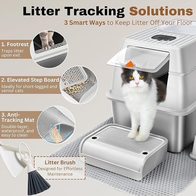 Fully Enclosed XXL Stainlessss Steel Litter Box with Lid, 8" Deep Pan, Large Stainless Steel Cat Litter Box for Big Cat with Scoop, Step Board, Mat, Brush, Odor-Free, Anti-Leak, Non-Stick (Light Gray)