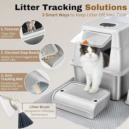 Fully Enclosed XXL Stainlessss Steel Litter Box with Lid, 8" Deep Pan, Large Stainless Steel Cat Litter Box for Big Cat with Scoop, Step Board, Mat, Brush, Odor-Free, Anti-Leak, Non-Stick (Light Gray)