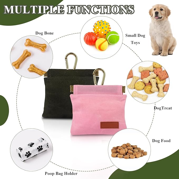 2Pcs Dog Treat Pouches for Pet Training, Hand Free Puppy Dogs Treat Bag with Carabiner, Portable Auto Closing Pet Dog Walking Bag for Travel or Outdoor Use, Pets Feed Snack Reward Pocket- Pink, Green