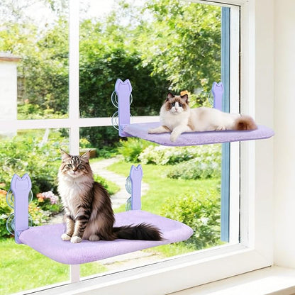 2 Pack Cat Window Perch,Cat Window Hammock Cordless Foldable Window Bed with 4 Large Strong Suction Cup,Reversible Cushion Cover,Metal Frame Easy to Adjust Window Seat Holds up to 40lbs(Purple)