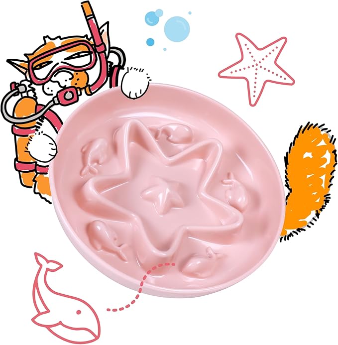 Cat Slow Feeder Bowl – Whisker Friendly Melamine Puzzle Feeding Bowl for Slow Eating – Wet & Dry Food – Dishwasher Safe, Lightweight, Non-Slip (Coral Pink, 6.3'')