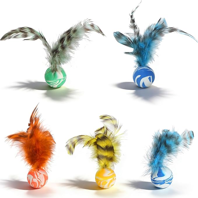 Cat Bouncy Ball with Feathers - 5 Pack Interactive Cat Feather Toys for Indoor Cats, Rubber Kitten Fetch Chase Toy for Interactive Exercise & Hunting Play