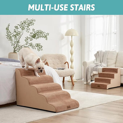 Extra Wide Dog Stairs 19.7" Width, Pet Step for Small/Medium/Large Dog, Puppy or Cat, Pet Ramp for High Bed or Car, High Density Foam Ladder, 19.7x33x22.4 in, Stable, 5 Step, Light Brown