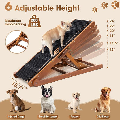 Dog Ramp for Bed - Foldable Small to Large Dog Ramp for Couch - 6 Adjustable Height from 12" to 24" - Stairs with High Traction Mat - Wooden Ramp for Dogs to Get on Bed Couch Car Up to 200LBS（Walnut）