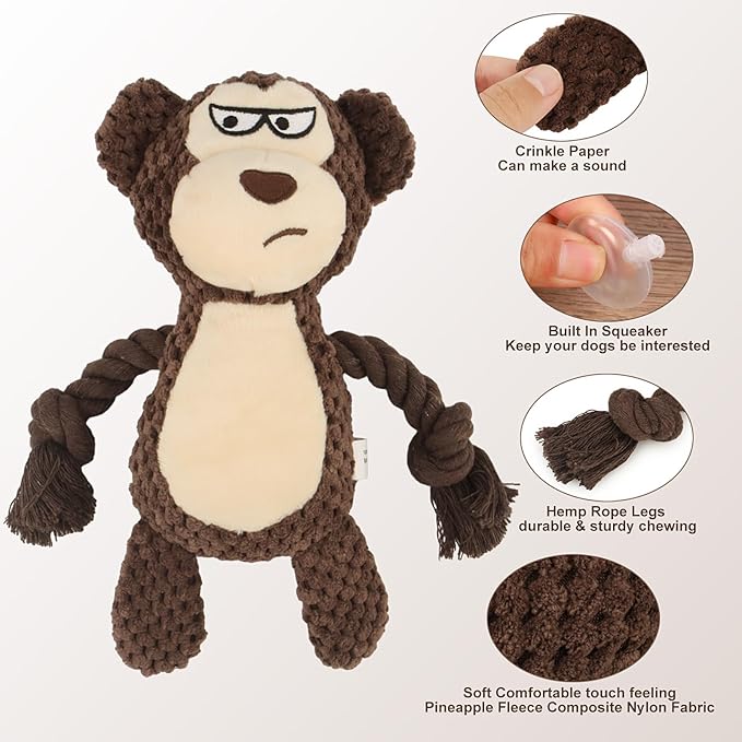 Dog Toys, Dog Squeaker Toys with Crinkle Paper, Stuffed Animal Dog Plush Chewing Toy, Cotton Rope Interactive Toys for Puppy, Small, Middle Dogs (Brown Monkey)