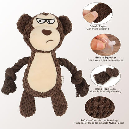 Dog Toys, Dog Squeaker Toys with Crinkle Paper, Stuffed Animal Dog Plush Chewing Toy, Cotton Rope Interactive Toys for Puppy, Small, Middle Dogs (Brown Monkey)