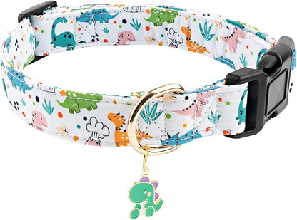 Faygarsle White Dinosaurs Print Cotton Dog Collar for Small, Medium, Large Boys Girls Dogs S