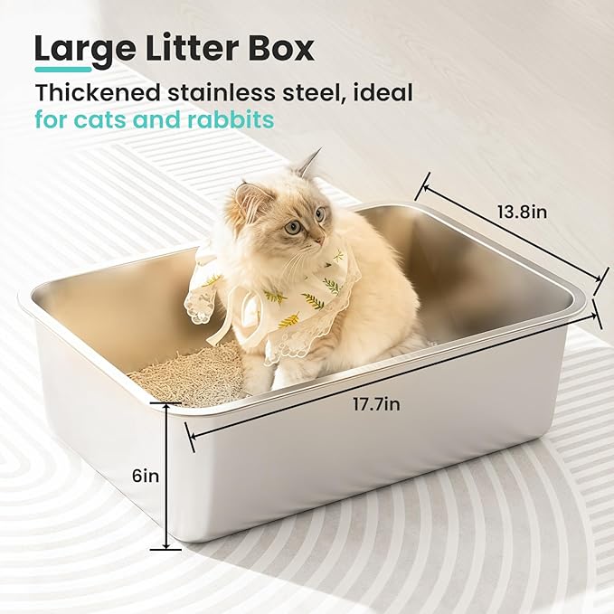 Large Stainless Steel Cat Litter Box, 17.7”x13.8”x6” Metal Litter Box with High Sided for Small Big Cats, Odor Free Kitty Litter Tray, Anti-Leakage, Non Sticky Litter Pan, L