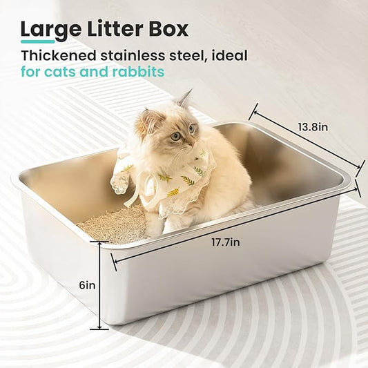 Large Stainless Steel Cat Litter Box, 17.7”x13.8”x6” Metal Litter Box with High Sided for Small Big Cats, Odor Free Kitty Litter Tray, Anti-Leakage, Non Sticky Litter Pan, L