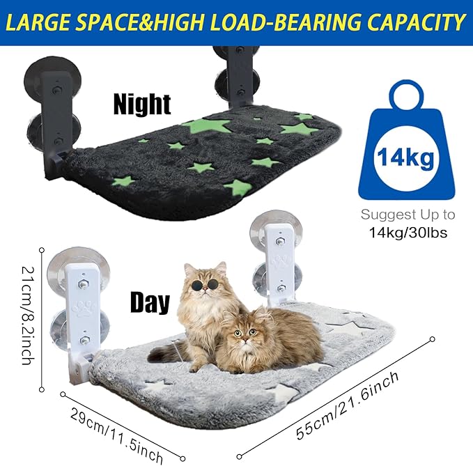 Foldable Cat Hammock for Window Glow in The Dark Cordless Cat Window Perch for Large Cats and Kittens, Soft and Thick Blanket with Zipper, Sturdy Never Fall