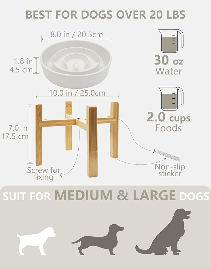 Ceramic Slow Feeder Dog Bowls Elevated, 2.0 Cups Slow Feeder for Medium Dogs, Puzzle Maze Bowl to Slow Down Eating, 30oz, 8in, White