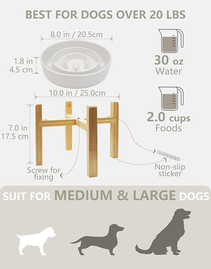 Ceramic Slow Feeder Dog Bowls Elevated, 2.0 Cups Slow Feeder for Medium Dogs, Puzzle Maze Bowl to Slow Down Eating, 30oz, 8in, White