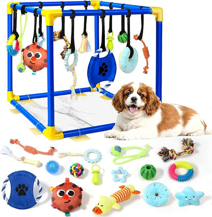 Puppy Play Gym with 16 Toys, Removable Dog Enrichment Playground, Interactive Indoor Training Activity Center for Small Dogs & Puppies, Teething & with Squeaky Toys, 12 Hanging Toys+4 Floor Toys