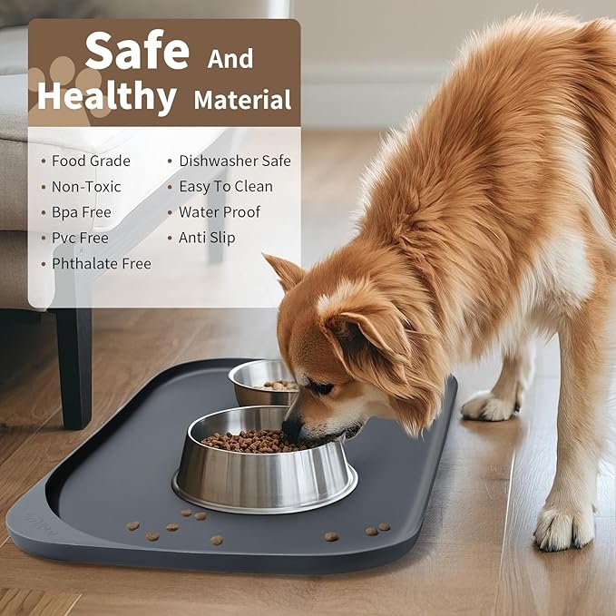 Silicone Pet Food Mat with Raised Edge for Food and Water Bowl, Dog Feeding Mats, Cat Food Trays for Floor Waterproof, Rubber Tray for Dogs and Cats, 19 x 12 x 0.7 Dark Gray