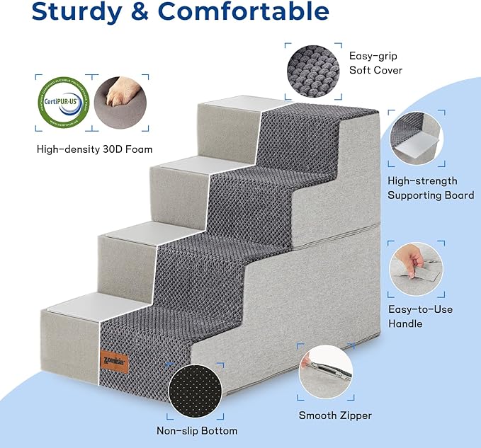 Dog Stairs for Small Dogs - Pet Stairs 2 in 1 with Zippers Suitable for Couch and Bed, 35D Foam Dog Steps with Non Slip Bottom Grey 4 Steps, Brown