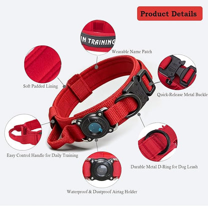 Xqpetlihai Upgraded AirTag Dog Collar Waterproof Tactical Dog Collar with AirTag Holder Heavy Duty Dog Collars for Large Dogs(Red，XL