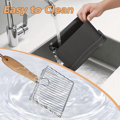 Metal Cat Litter Scoop with Holder, Poop Scooper with Stand&2 Rolls of Garbage Bag, Heavy Duty Stainless Steel Shovel with Wooden, Kitty Quick Sifter for Easy