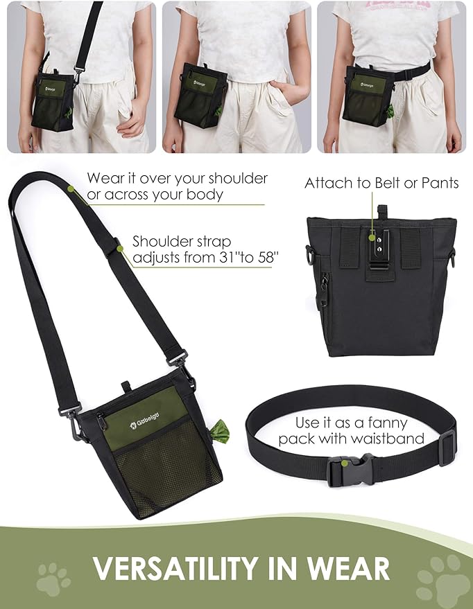 Gobeigo Dog Treat Pouch, Magnetic Closure & Sealable Silicone Bag Insert, 4-Cup Capacity – Belt Clip/Waist Belt/Crossbody Wear, Clicker Included – Great for Pet Training & Walking (Army Green)
