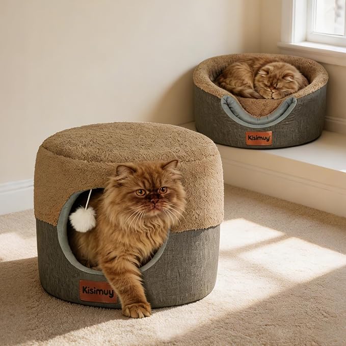 Cat Bed Cave for Indoor Cats, 2-in-1 Foldable Cat Cave & Lounge Bed with Reversible Cushion, Calming Anti-Anxiety Enclosed House for Small Dogs & Puppies, Donut Cozy Hideaway, 17.5 Inches (Brown)