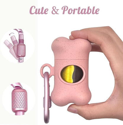 Bone-Shaped Dog Poop Bag Holder for Leash |Dispenser with 15 Leak-Resistant Waste Bags & Carabiner Clip(Pink)